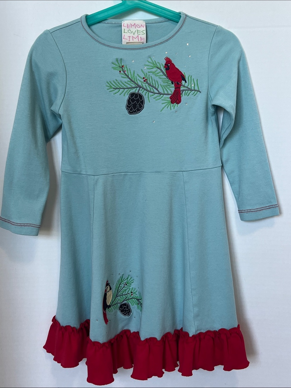 Lemon Loves Lime Twirl Dress with Red Ruffle & Cardinal Embroidery size 4 years